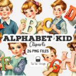 A-Z illustrated clip art set with a colorful, aged paper texture and playful imagery.