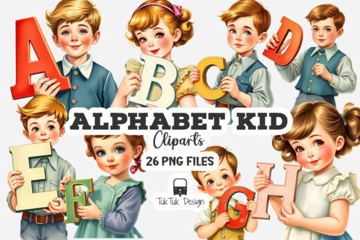 A-Z illustrated clip art set with a colorful, aged paper texture and playful imagery.
