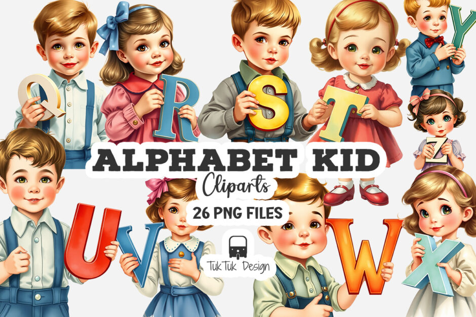 Vintage Alphabet kid illustration cliparts