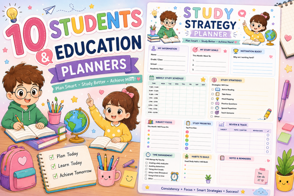 Student Education Planner Printable Bundle with Study Schedule, Assignment Tracker, Exam Planner and Academic Goal Worksheets