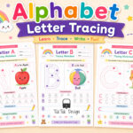 Alphabet Letter Tracing Worksheets A–Z printable bundle for preschool and kindergarten featuring colorful uppercase letter tracing activities with cute pastel illustrations.