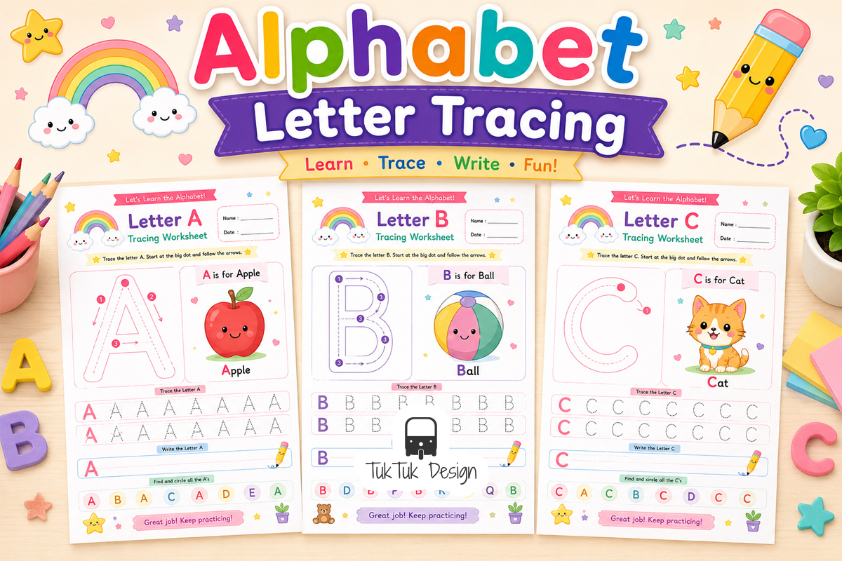 Alphabet Letter Tracing Worksheets A–Z printable bundle for preschool and kindergarten featuring colorful uppercase letter tracing activities with cute pastel illustrations.