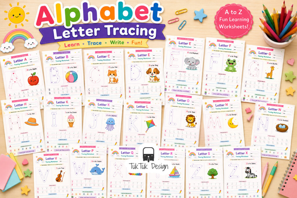 Alphabet Letter Tracing Worksheets A–Z printable bundle for preschool and kindergarten featuring colorful uppercase letter tracing activities with cute pastel illustrations.